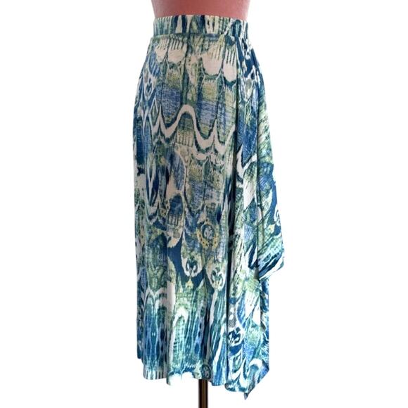 Chico's Knit Midi Skirt Asymmetrical Faux Wrap Elastic Waist Blues 0 Chico's 4/S - Picture 1 of 8